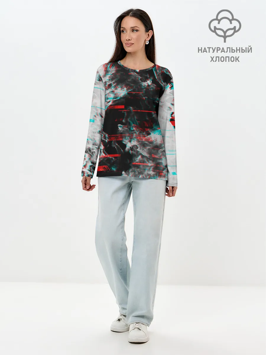 Лонгслив женский. Хлопок / White flame glitch