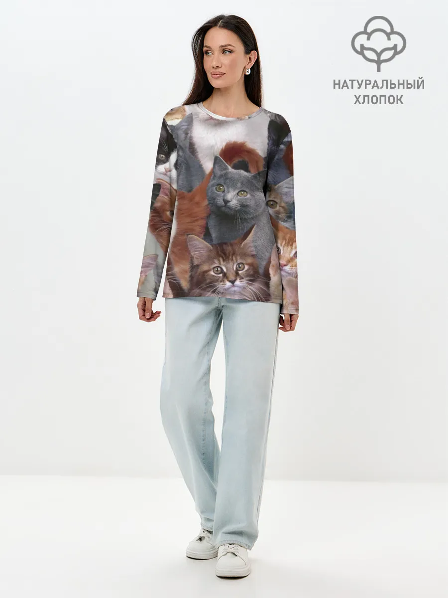 Лонгслив женский. Хлопок / Много котов