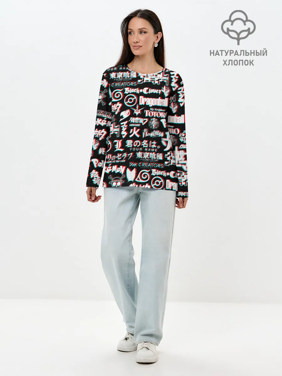 Лонгслив женский. Хлопок / ЛОГО АНИМЕ ГЛИТЧ