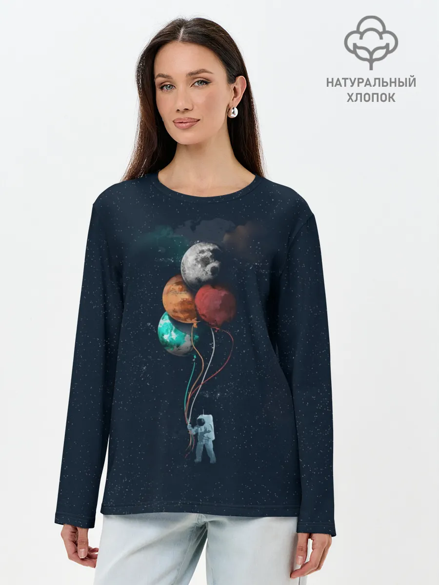 Лонгслив женский. Хлопок / Космонавт с Планетами