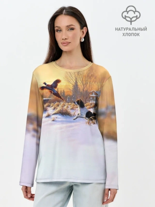 Лонгслив женский. Хлопок / Собака и фазан