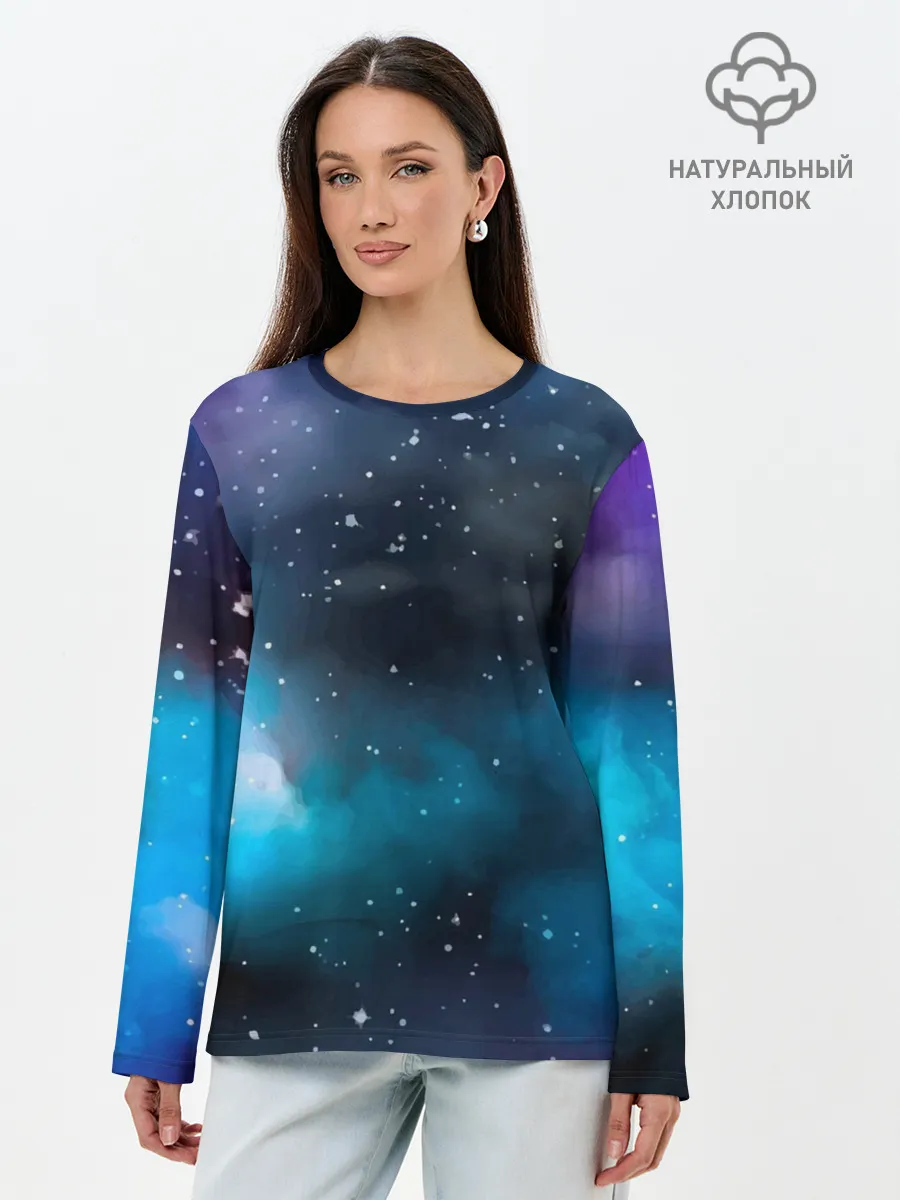 Лонгслив женский. Хлопок / Рисованный Космос