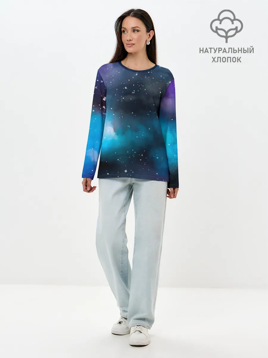 Лонгслив женский. Хлопок / Рисованный Космос