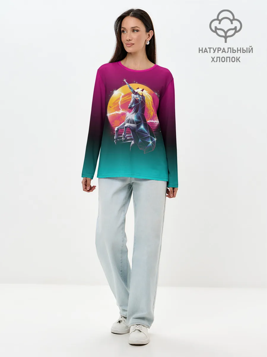 Лонгслив женский. Хлопок / РЕТРО ЕДИНОРОГ НЕОН