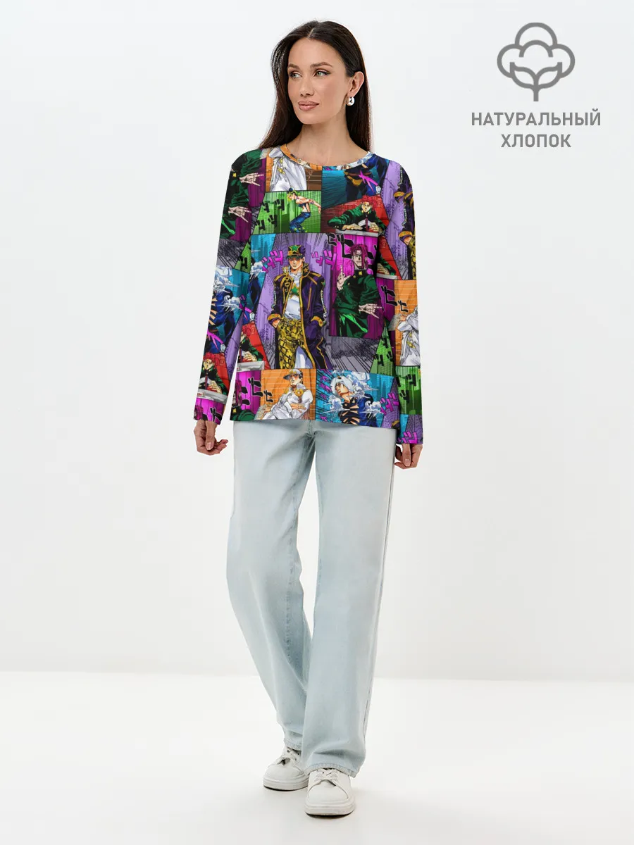 Лонгслив женский. Хлопок / Паттерн джоджо кира спидвагон