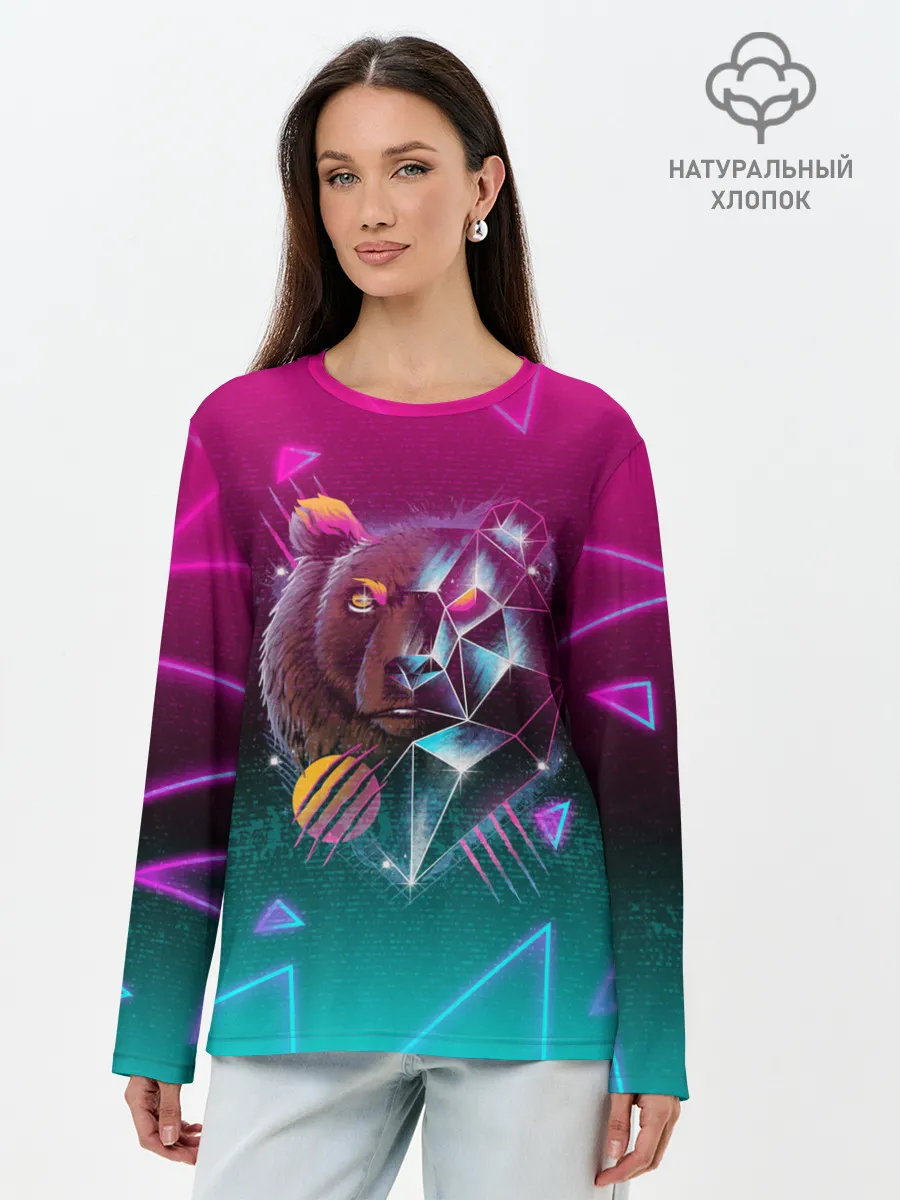 Лонгслив женский. Хлопок / RETRO CYBER BEAR NEON