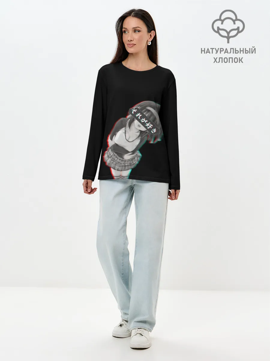 Лонгслив женский. Хлопок / Anime Girl with hieroglyphs