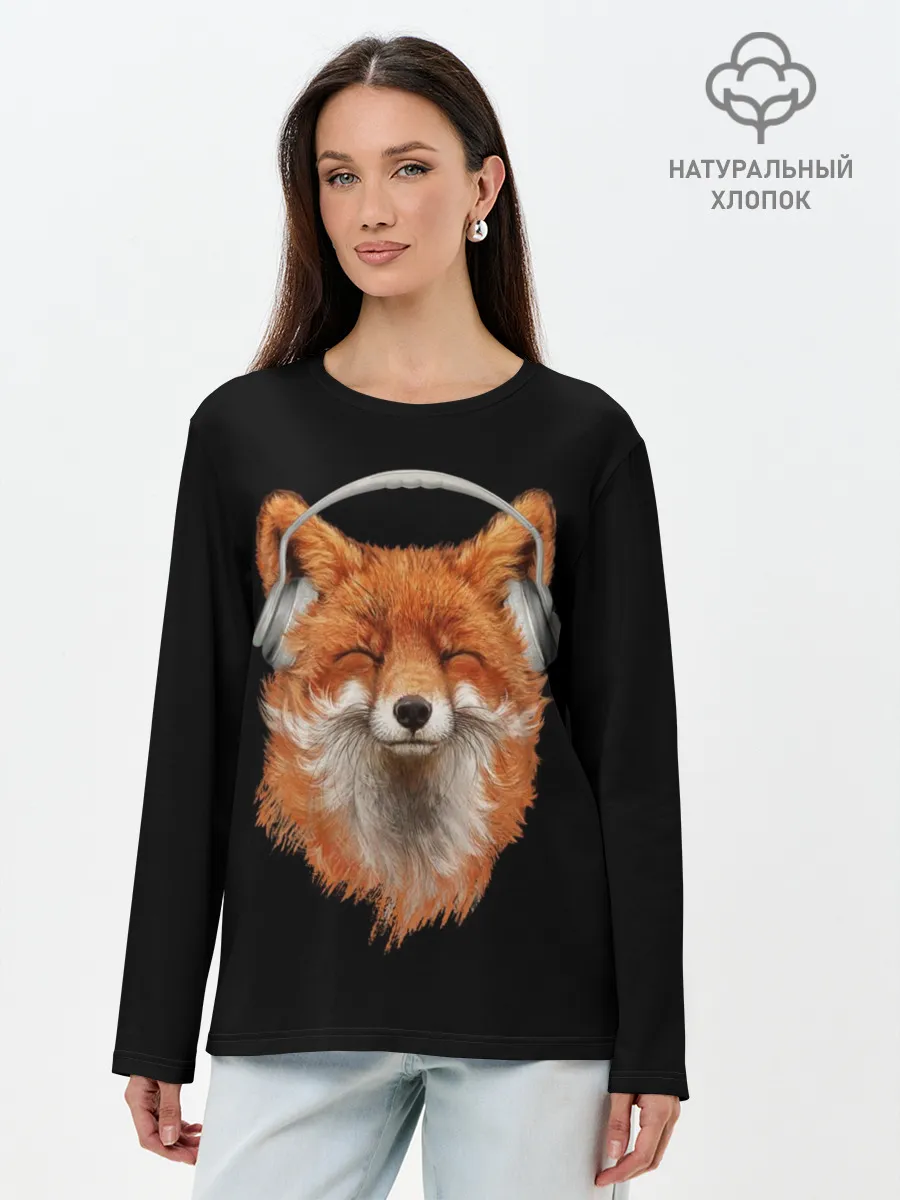 Лонгслив женский. Хлопок / Лиса в наушниках