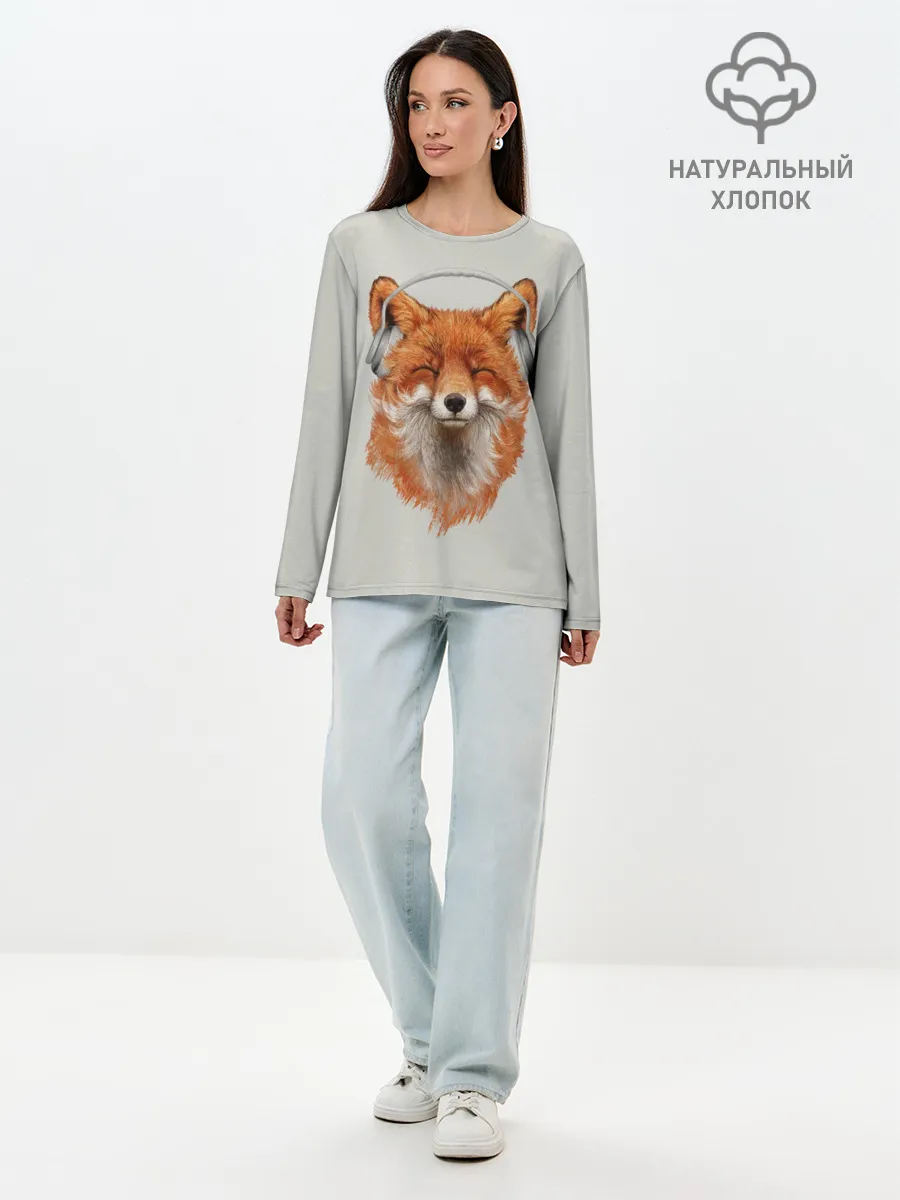 Лонгслив женский. Хлопок / Лиса в наушниках