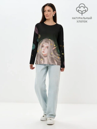 Лонгслив женский. Хлопок / Эльфийка и звезды