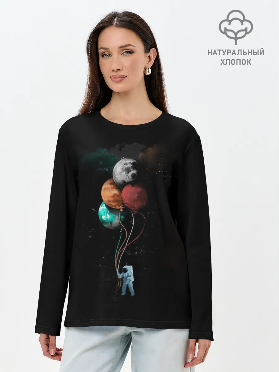 Лонгслив женский. Хлопок / Космонавт с шариками