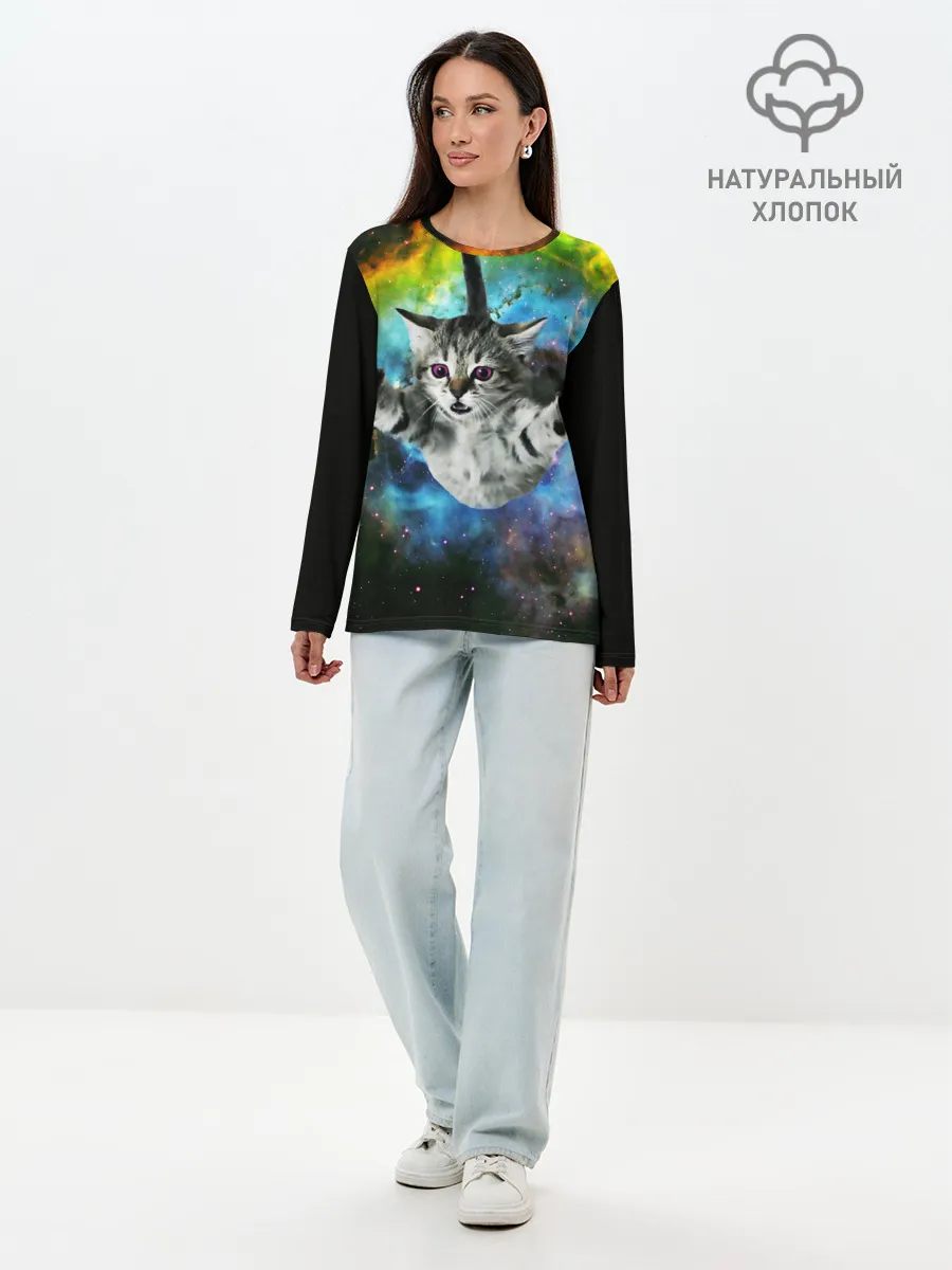 Лонгслив женский. Хлопок / КОСМИЧЕСКИЙ КОТ