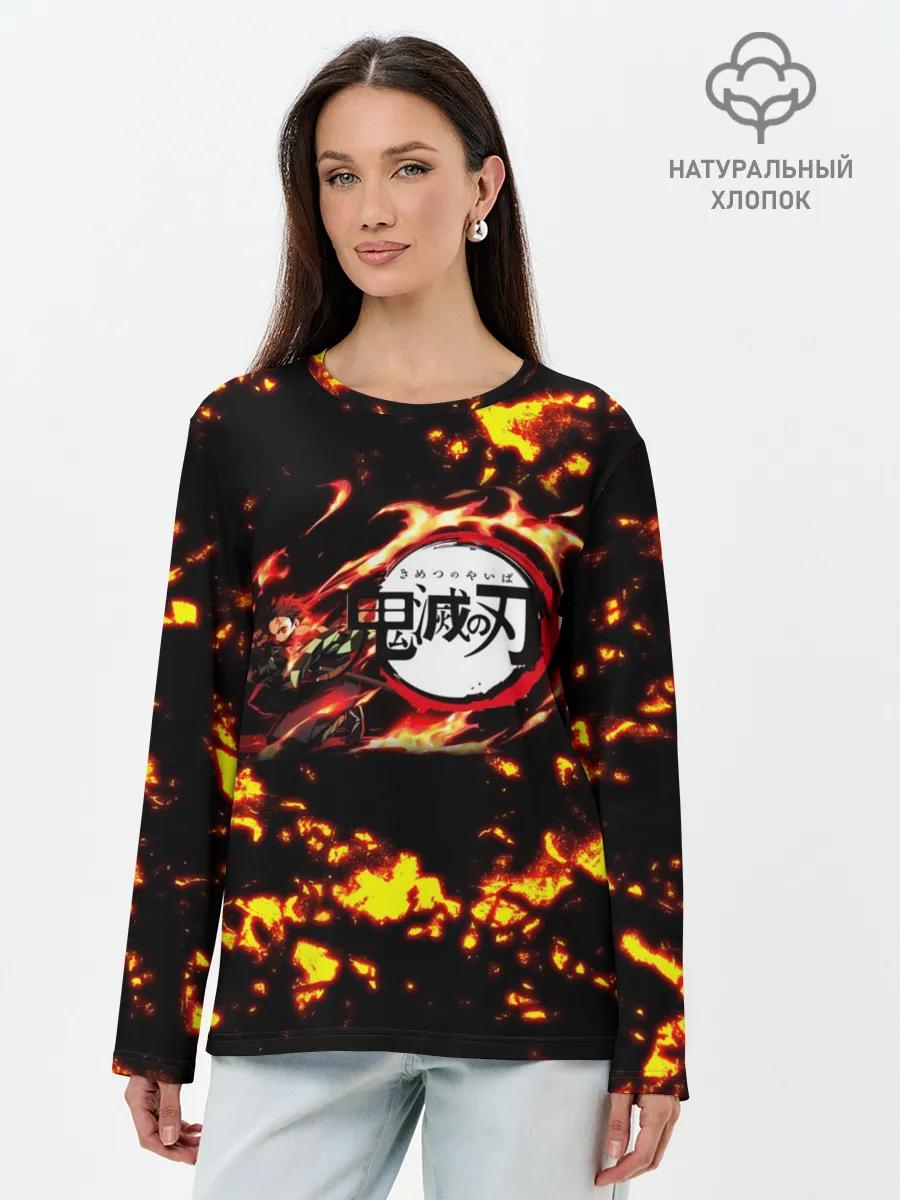 Лонгслив женский. Хлопок / Kimetsu no Yaiba желтое пламя
