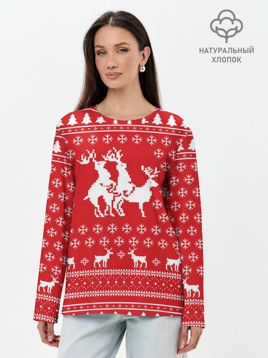 Лонгслив женский. Хлопок / СВИТЕР С ОЛЕНЯМИ