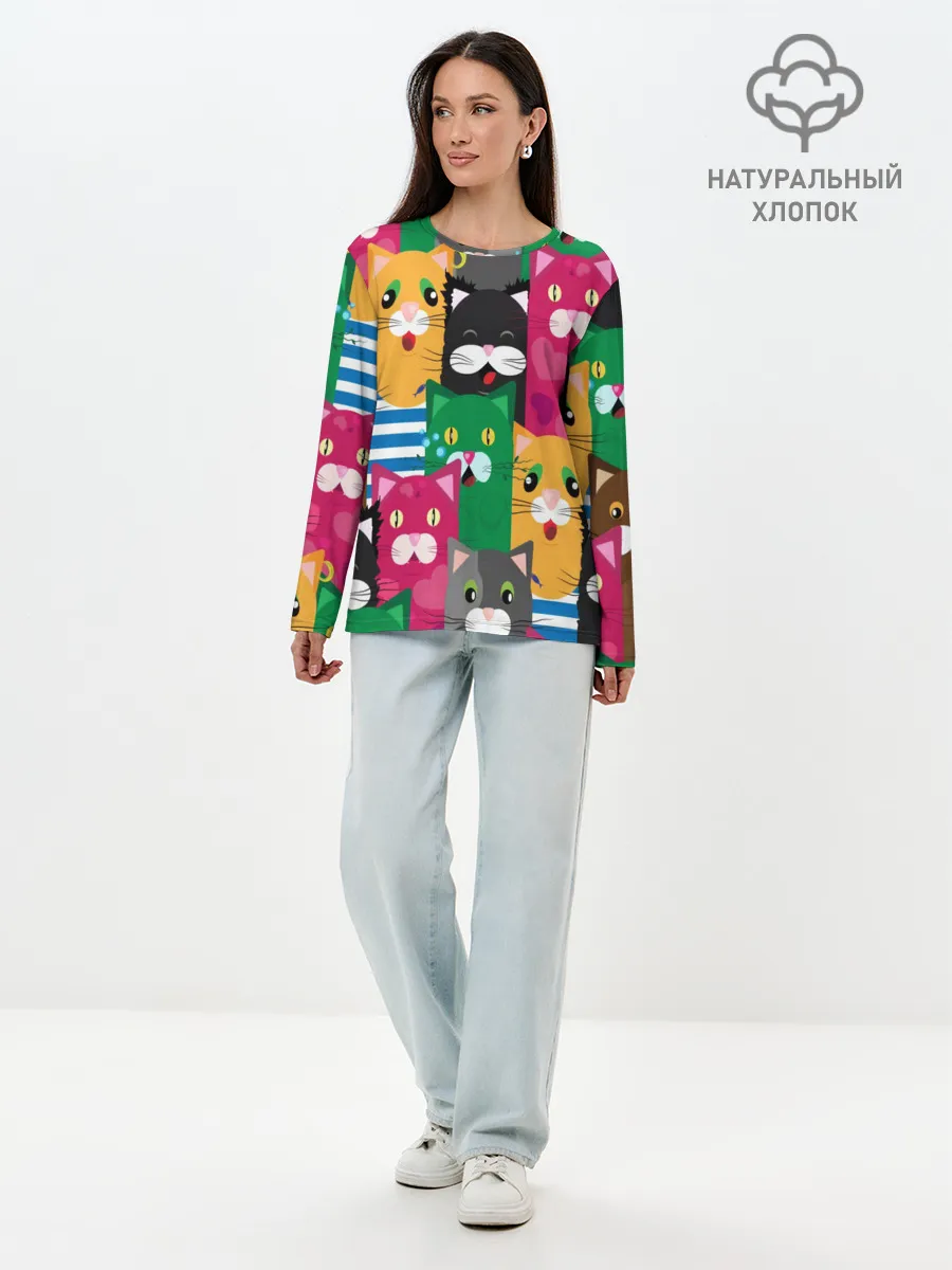 Лонгслив женский. Хлопок / Голодные котики.