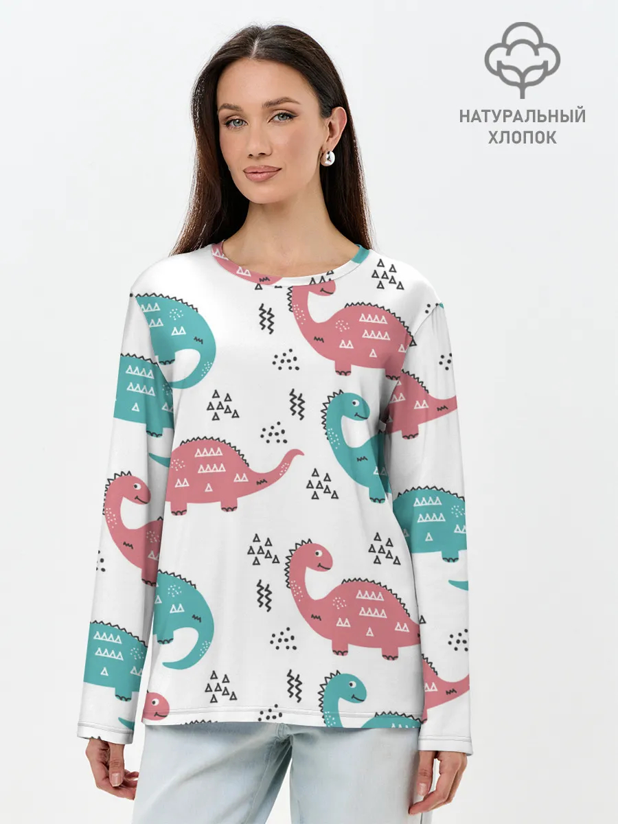 Лонгслив женский. Хлопок / Милые динозаврики