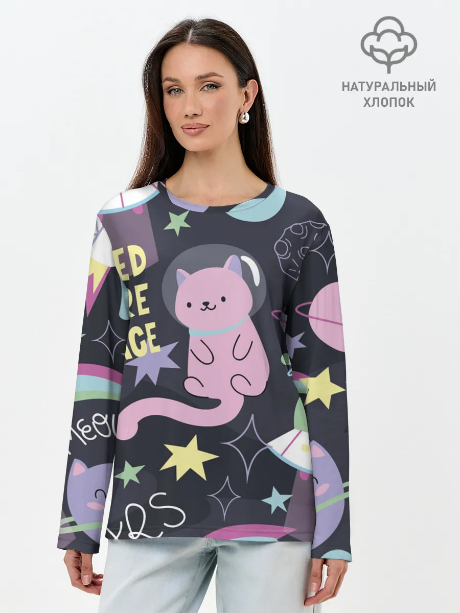 Лонгслив женский. Хлопок / Космический кот