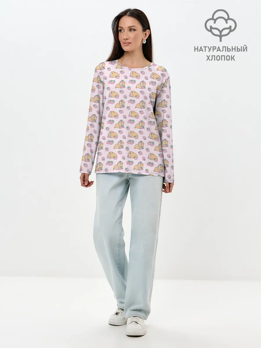 Лонгслив женский. Хлопок / Морские свинки с клубникой