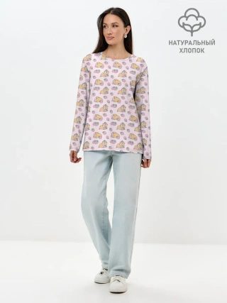 Лонгслив женский. Хлопок / Морские свинки с клубникой