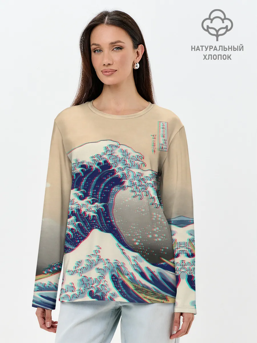 Лонгслив женский. Хлопок / Kanagawa Wave Glitch Art