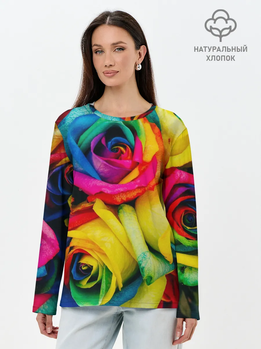 Лонгслив женский. Хлопок / Разноцветные розы
