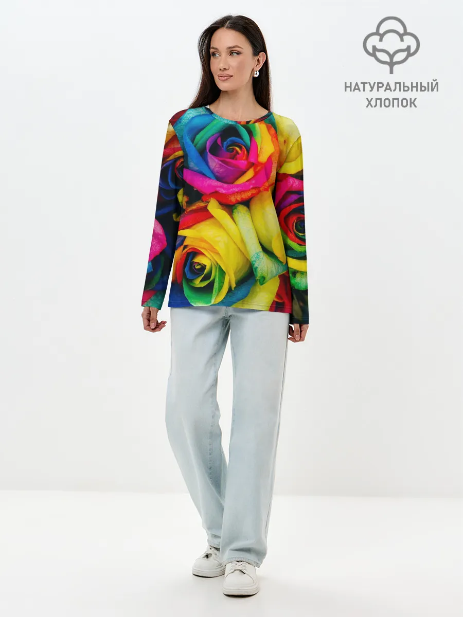 Лонгслив женский. Хлопок / Разноцветные розы
