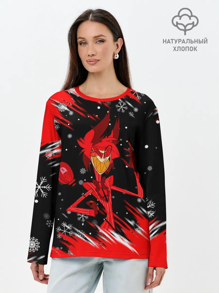 Лонгслив женский. Хлопок / HAZBIN HOTEL НОВОГОДНИЙ.