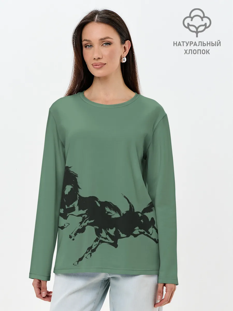 Лонгслив женский. Хлопок / черные кони