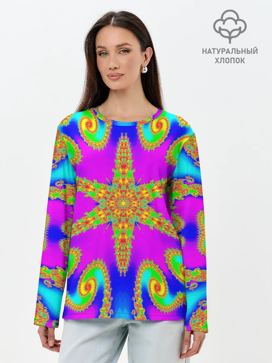 Лонгслив женский. Хлопок / Неоновый фрактал