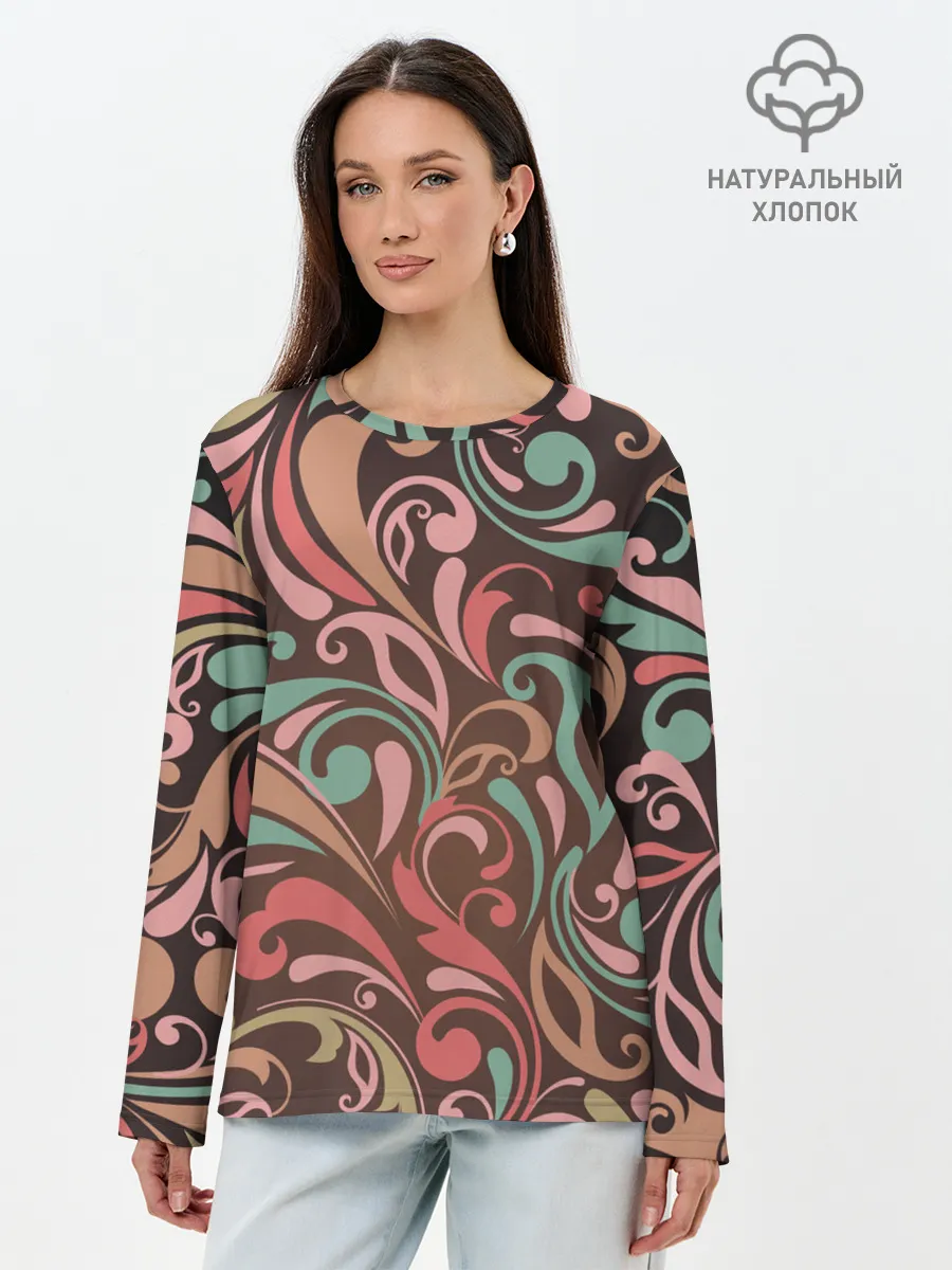Лонгслив женский. Хлопок / Узор хохломы