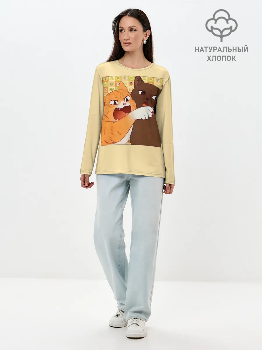 Лонгслив женский. Хлопок / Woman yelling at Cat meme
