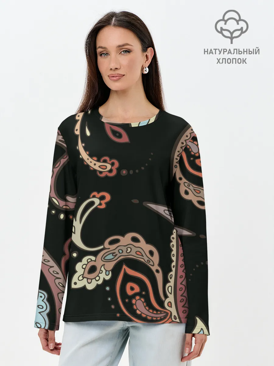Лонгслив женский. Хлопок / Расписной узор