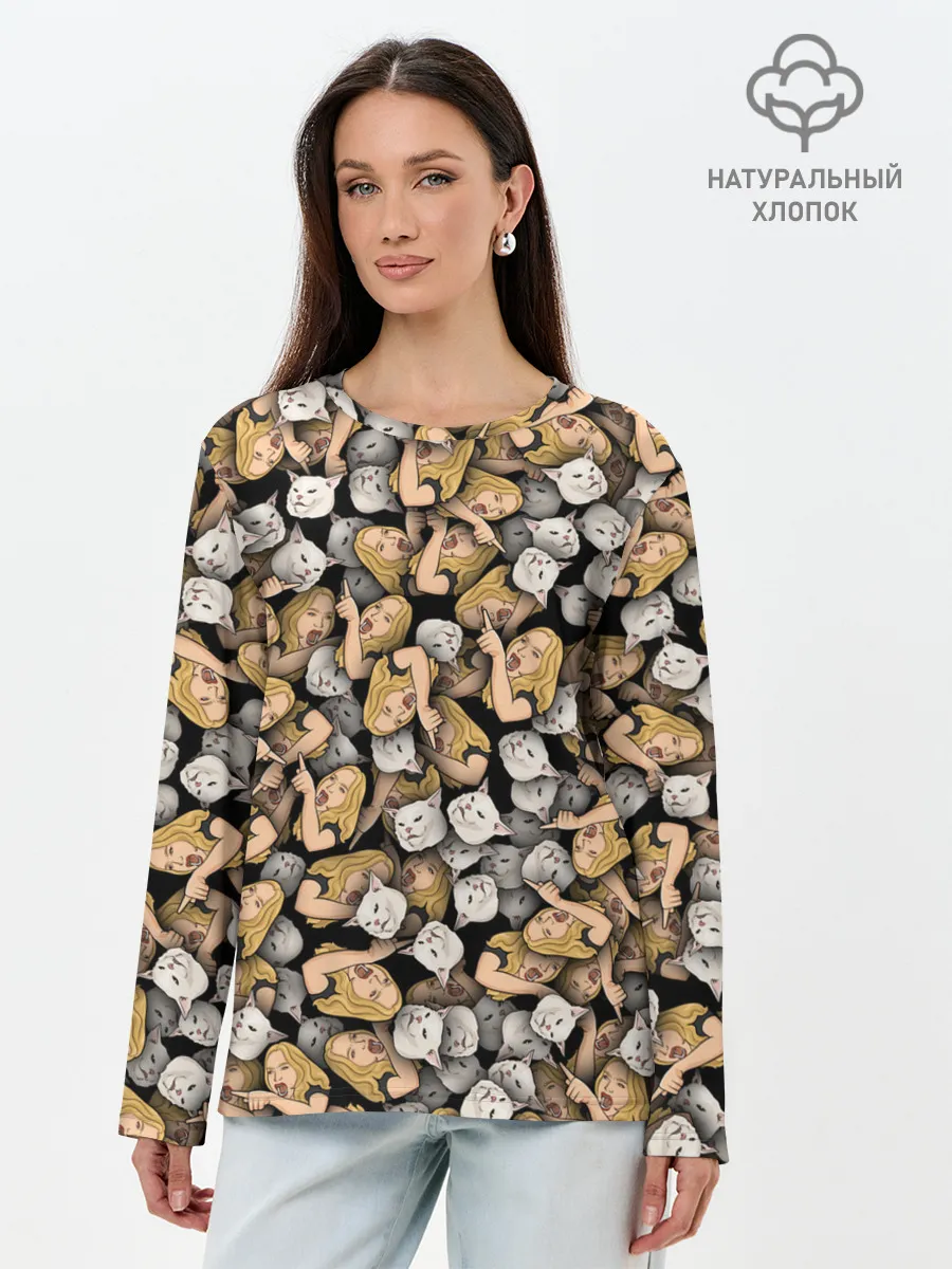 Лонгслив женский. Хлопок / Woman Yelling at a Cat