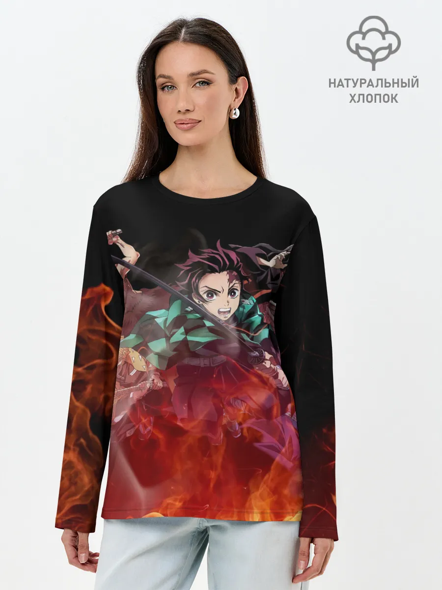 Лонгслив женский. Хлопок / Kimetsu no Yaiba в пламени