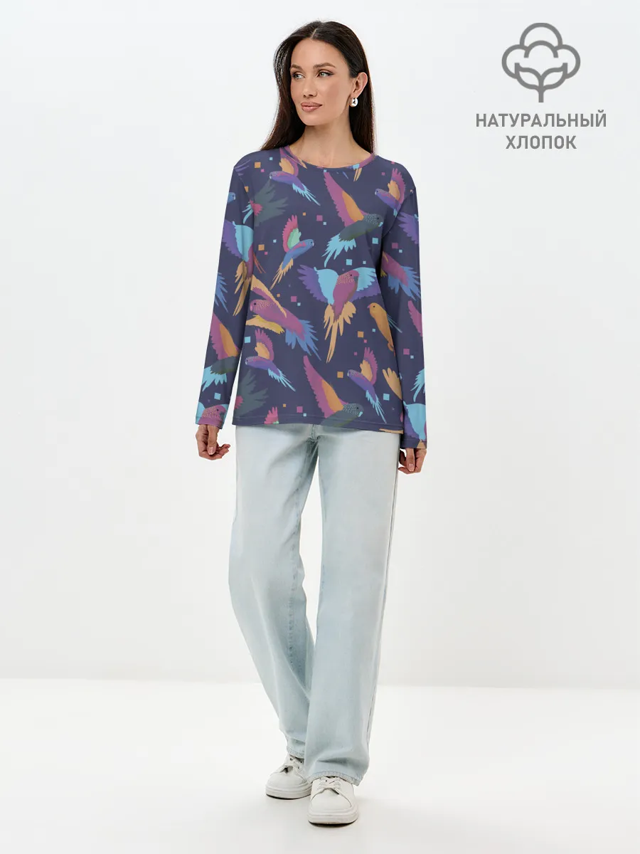 Лонгслив женский. Хлопок / Райские попугаи