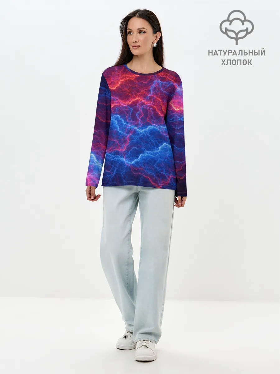 Лонгслив женский. Хлопок / Молнии: Огонь и лед