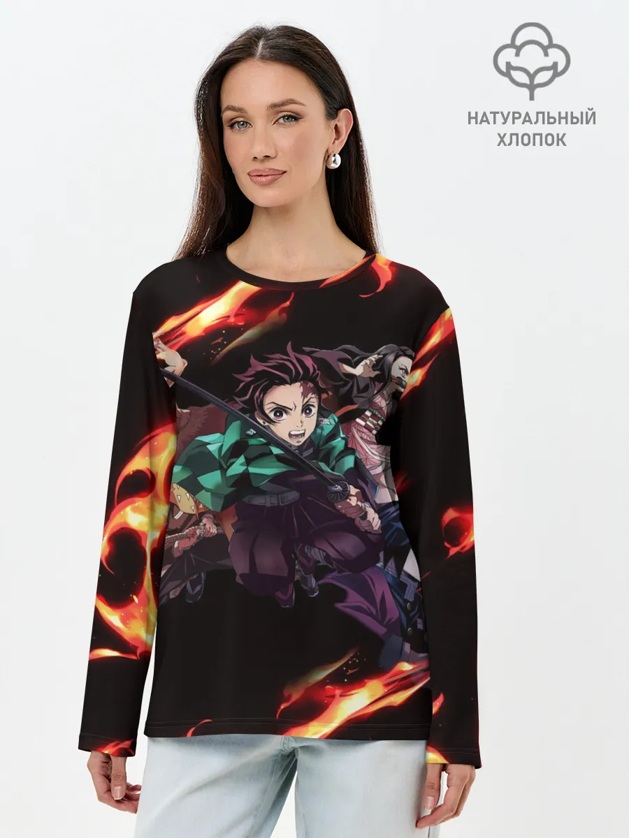 Лонгслив женский. Хлопок / Kimetsu no Yaiba пламенный узор