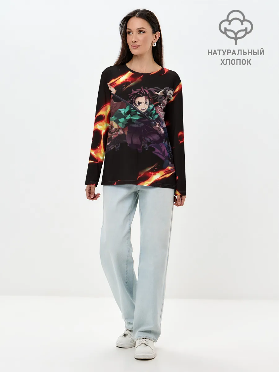 Лонгслив женский. Хлопок / Kimetsu no Yaiba пламенный узор