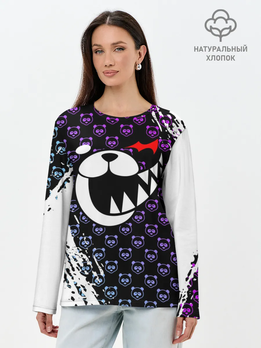 Лонгслив женский. Хлопок / Монокума на фиолетовом паттерне