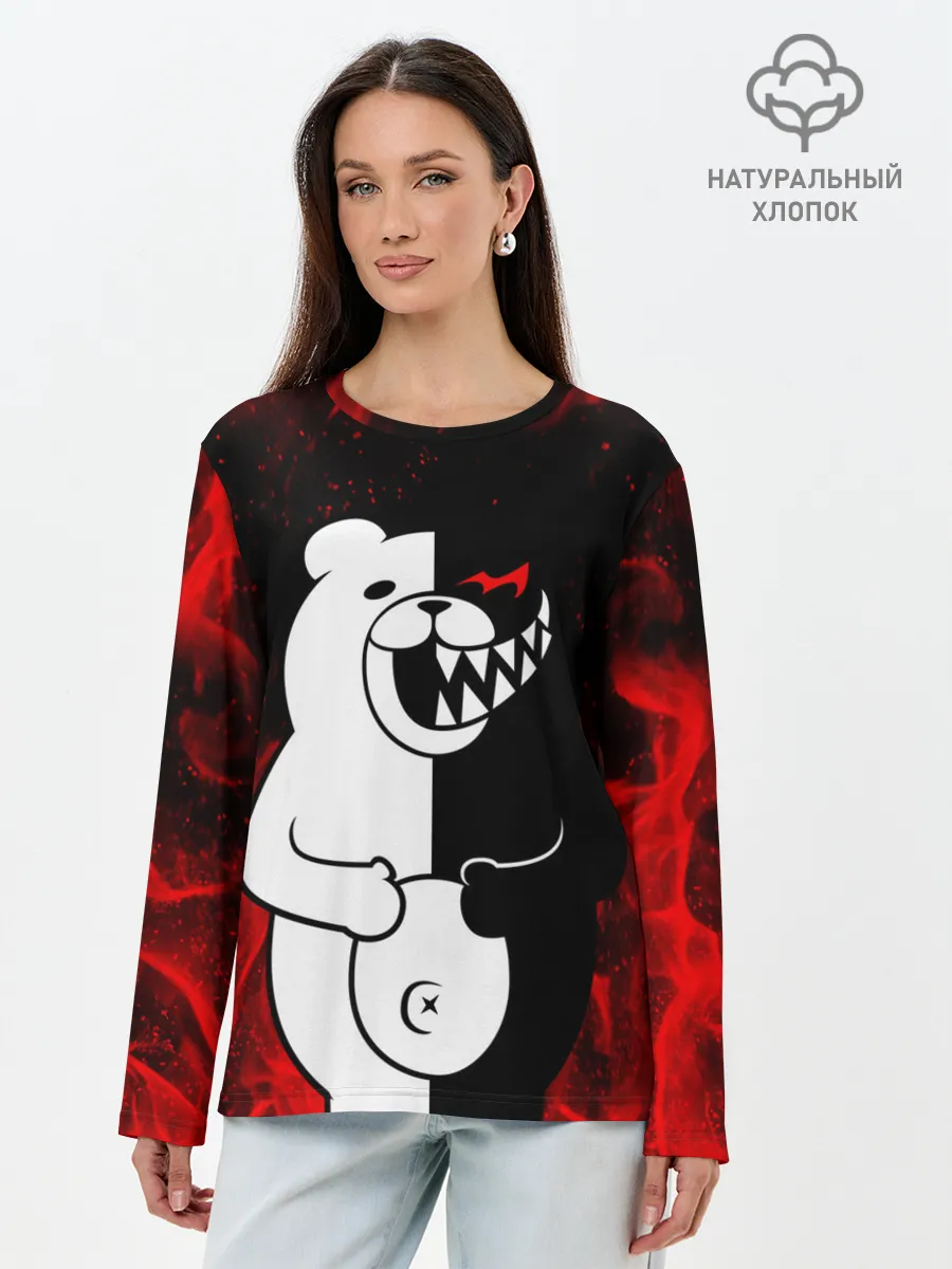Лонгслив женский. Хлопок / MONOKUMA В ПЛАМЕНИ / МОНОКУМА