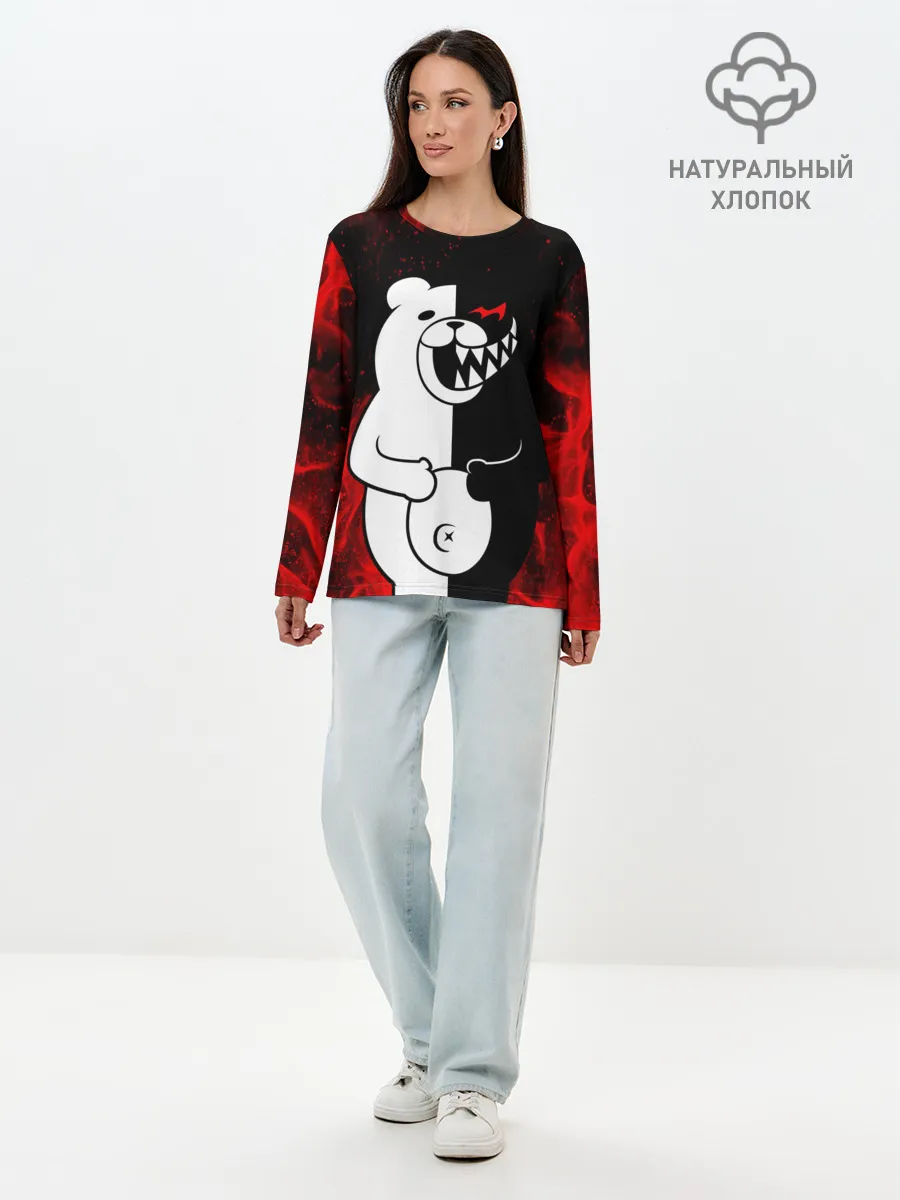 Лонгслив женский. Хлопок / MONOKUMA В ПЛАМЕНИ / МОНОКУМА