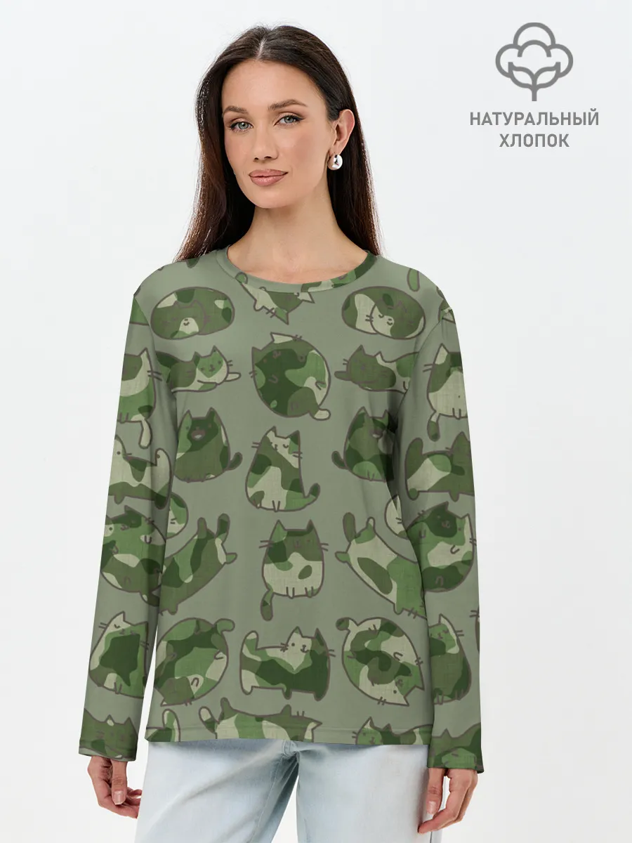 Лонгслив женский. Хлопок / Камуфляж с котиками