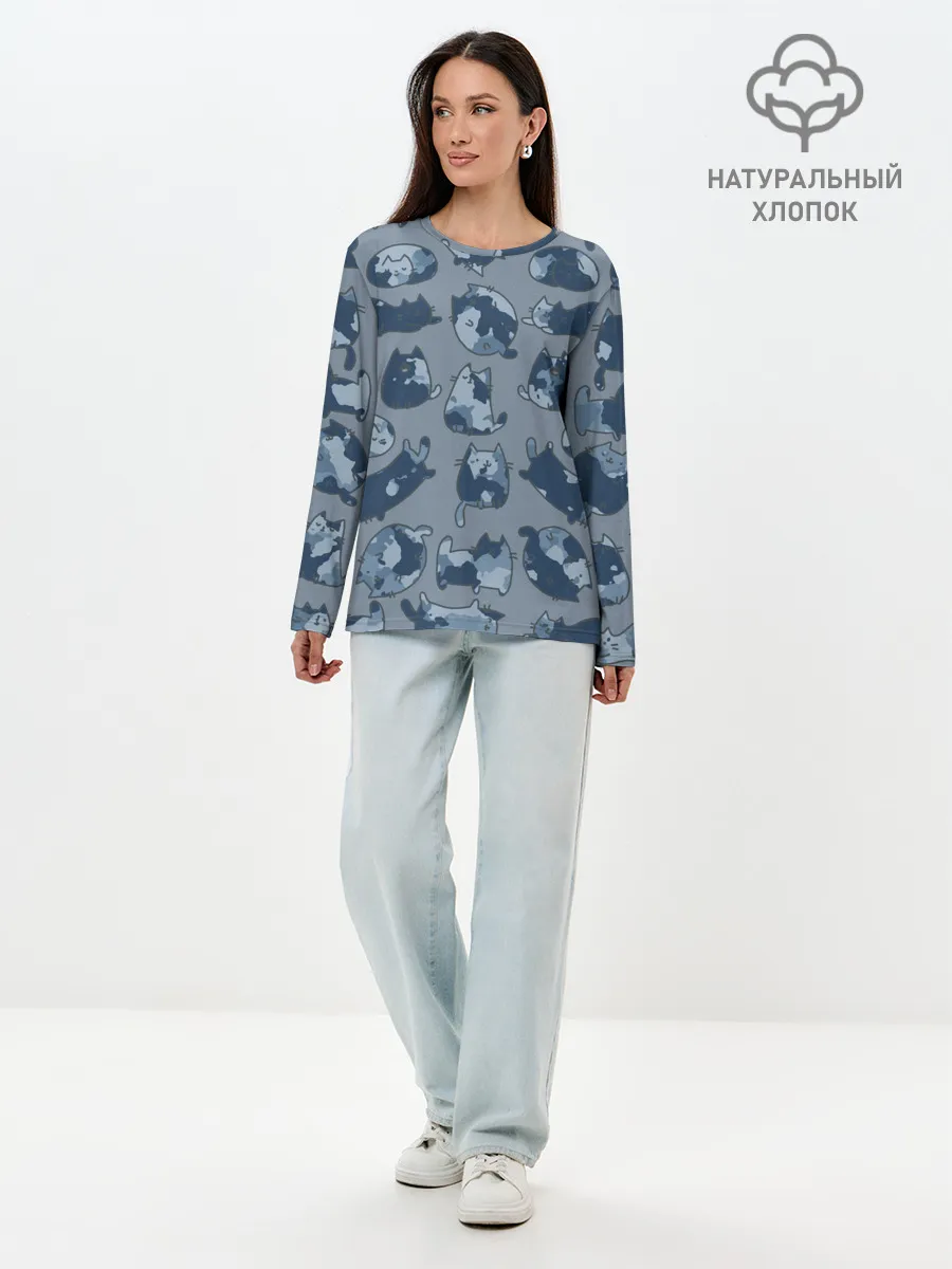 Лонгслив женский. Хлопок / Камуфляж с котиками