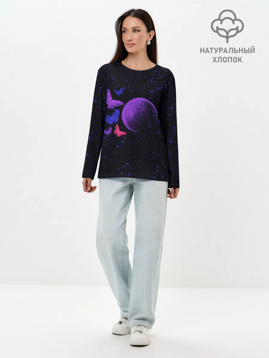 Лонгслив женский. Хлопок / Бабочки в космосе