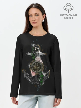 Лонгслив женский. Хлопок / якорь с компасом и цветами