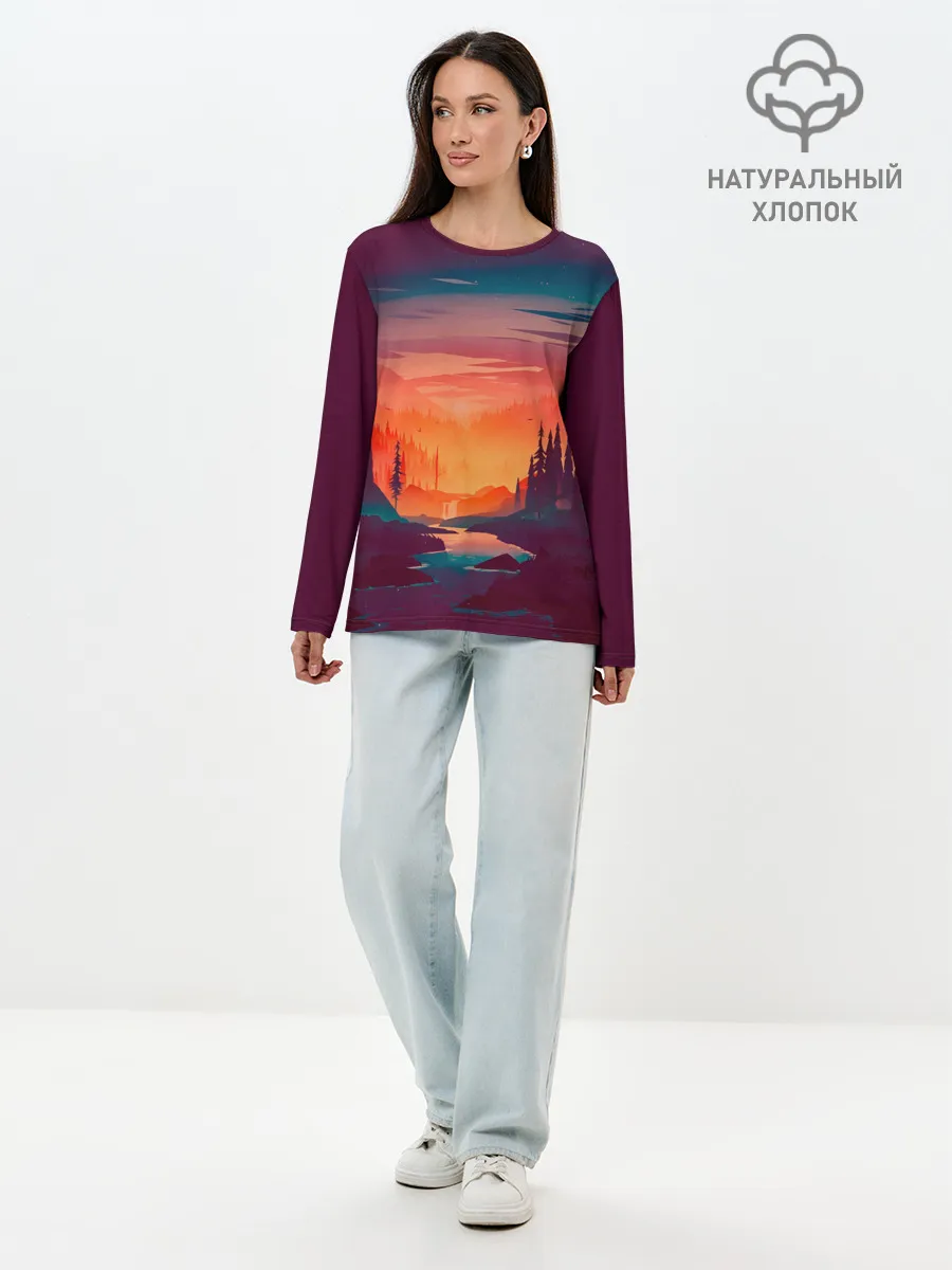 Лонгслив женский. Хлопок / Minimal forest sunset