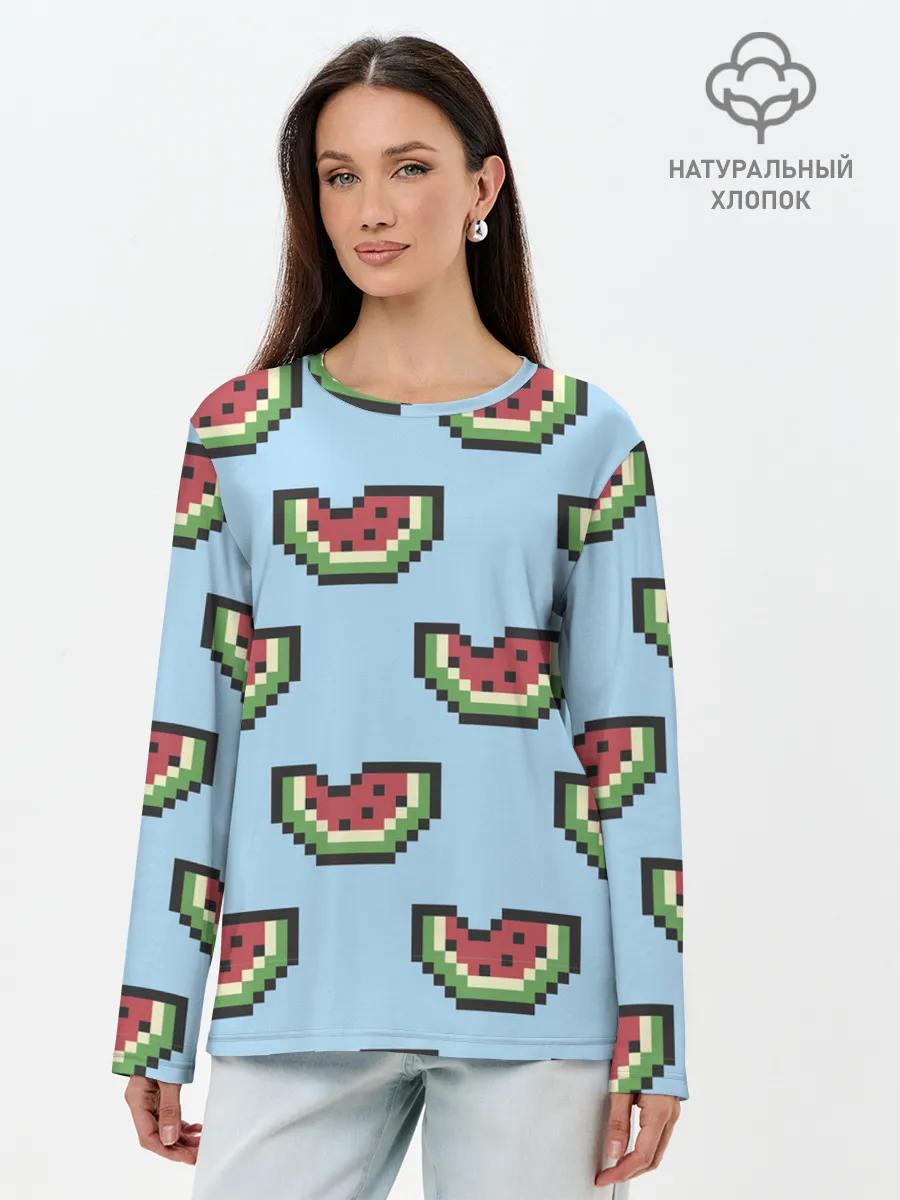 Лонгслив женский. Хлопок / Пиксельный арбуз