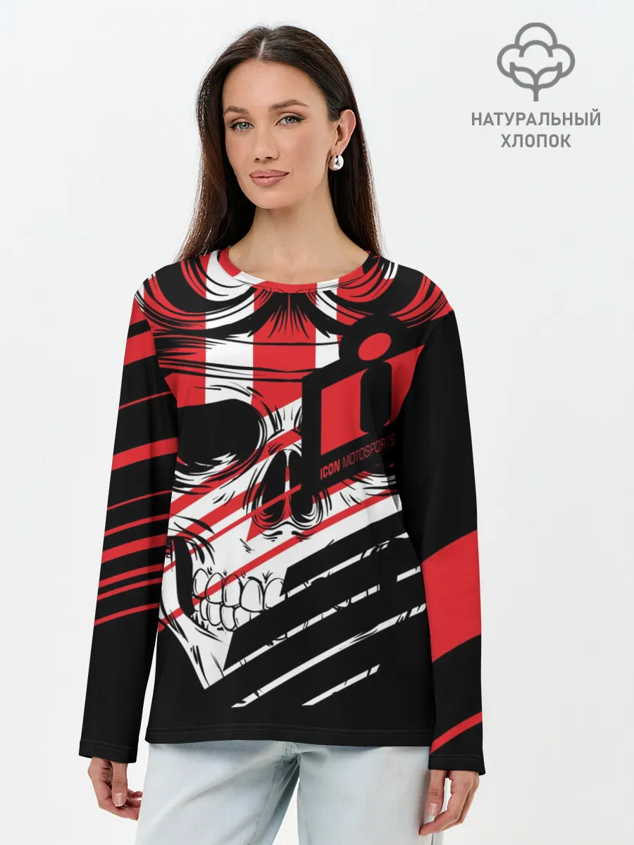 Лонгслив женский. Хлопок / Череп Icon красный