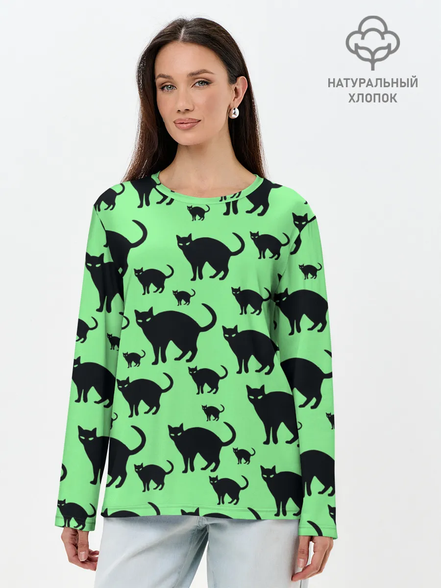 Лонгслив женский. Хлопок / Кошки черные