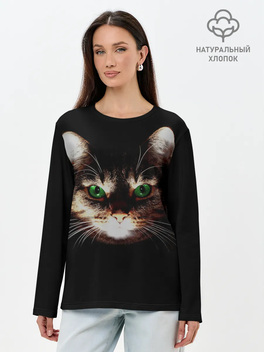 Лонгслив женский. Хлопок / Зеленоглазый кот